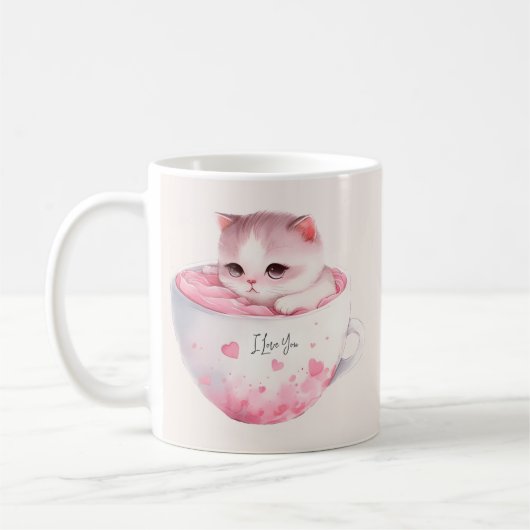 ティースカップでかわいい白ピンクの猫(3) コーヒーマグカップ (左)