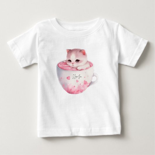 ティースカップでかわいい白ピンクの猫(3) ベビーTシャツ (正面)