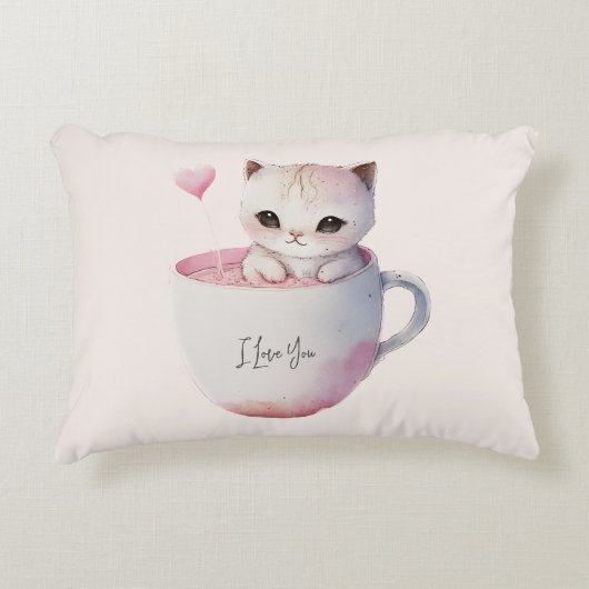 ティースカップでかわいい白ピンクの猫(4) アクセントクッション (正面)