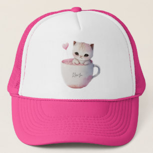 ティースカップでかわいい白ピンクの猫(4) キャップ