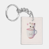 ティースカップでかわいい白ピンクの猫(4) キーホルダー (正面左)