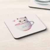 ティースカップでかわいい白ピンクの猫(4) コースター (左側)