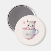 ティースカップでかわいい白ピンクの猫(4) マグネット (正面/裏面)