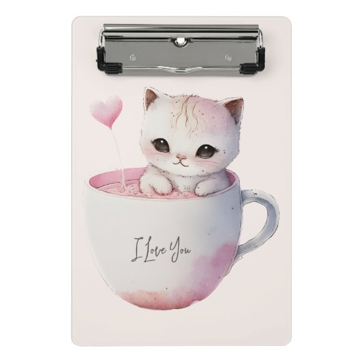 ティースカップでかわいい白ピンクの猫(4) ミニクリップボード (正面)