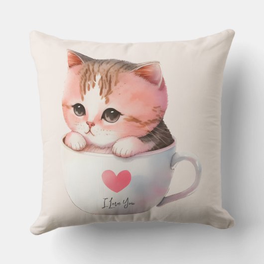 ティースカップに登場する、かわいい白ピンクの猫(2) クッション (裏面)