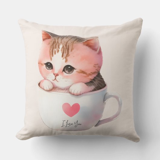 ティースカップに登場する、かわいい白ピンクの猫(2) クッション (正面)