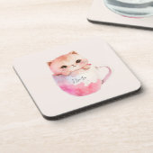 ティースカップに登場する、かわいい白ピンクの猫(2) コースター (左側)