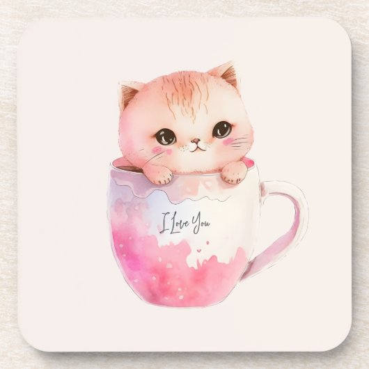 ティースカップに登場する、かわいい白ピンクの猫(2) コースター (正面)