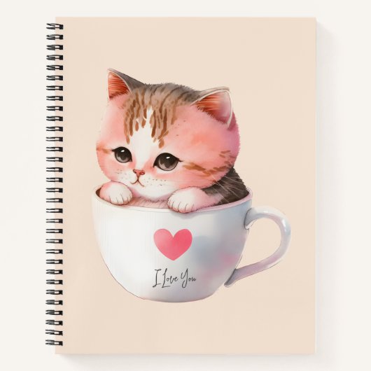 ティースカップに登場する、かわいい白ピンクの猫(2) ノートブック (正面)