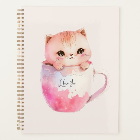 ティースカップに登場する、かわいい白ピンクの猫(2) プランナー手帳 (正面)