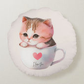 ティースカップに登場する、かわいい白ピンクの猫(2) ラウンドクッション (裏面)