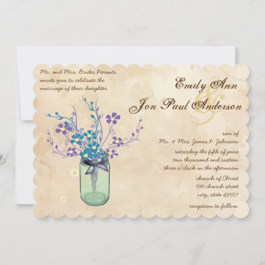 ティーステインアクアパープルフラワーメイソンジャー 招待状 (正面)