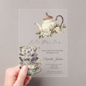 ティーセットカップティーポット花金ゴールドブライダルシャワー アクリル招待状 (インサイチュ (ポータブル))