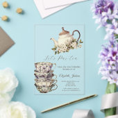 ティーセットカップティーポット花金ゴールドブライダルシャワー アクリル招待状 (インサイチュ (ウェディング))