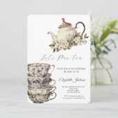 ティーセットカップティーポット花金ゴールドブライダルシャワー 招待状 (スタンド正面)