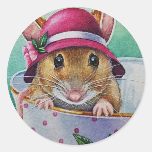 ティータイムお洒落マウスピンクボンネットウォーター色 ラウンドシール (正面)