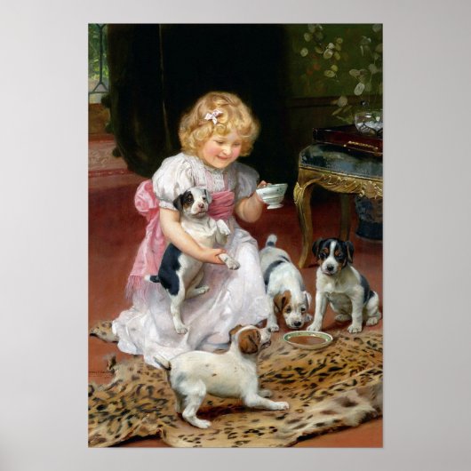 ティータイムのキツネテリアパピーズヴィンテージドッグプリント ポスター (正面)