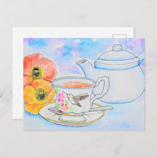 ティータイムの水彩画 ポストカード (正面/裏面)