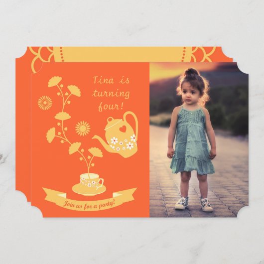 ティータイムガールバースデーパーティフォト招待状 招待状 (正面/裏面)