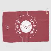 ティータイムゴルファーのユーモアのスポーツモノグラムクリムゾンレッド ゴルフタオル (横)