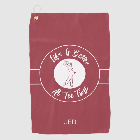ティータイムゴルファーのユーモアのスポーツモノグラムクリムゾンレッド ゴルフタオル (正面)