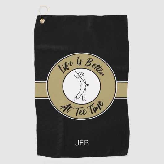 ティータイムゴルファーのユーモアスポーツモノグラムブラック金ゴールド ゴルフタオル (正面)
