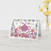 ティータイムティーポットと花誕生日カード カード (黄色い花)