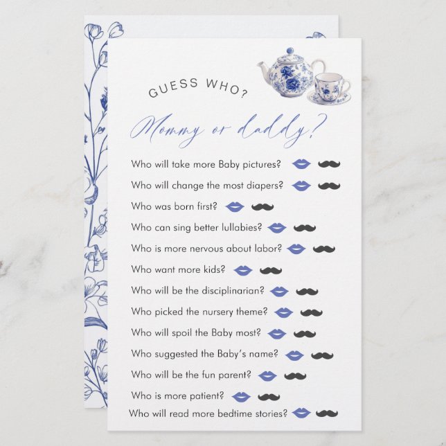 ティータイムトイルをテーマにした赤ちゃんシャワー「誰を推測」ゲーム (正面/裏面)