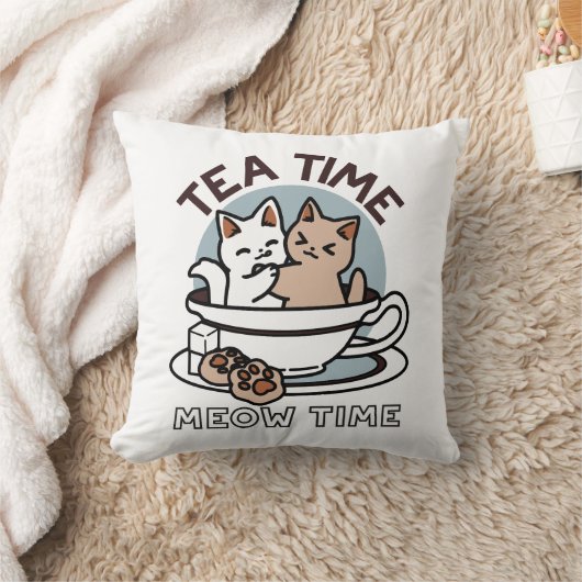 ティータイムニャータイム – かわいい猫とお茶のデザイン クッション (ブランケット)