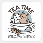 ティータイムニャータイム – かわいい猫とお茶のデザイン スクエアシール (正面)