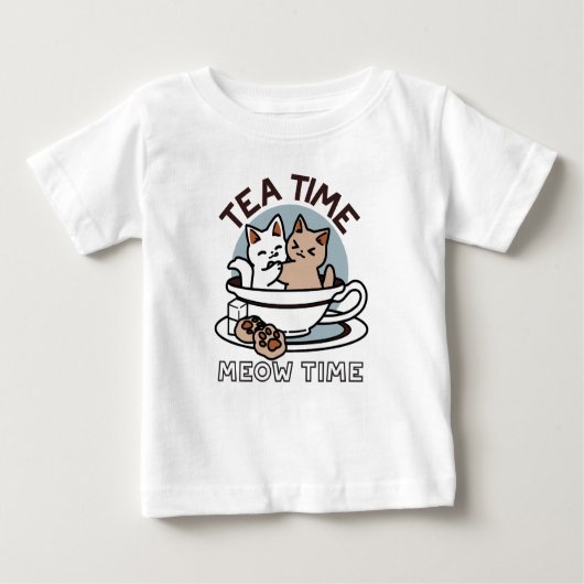 ティータイムニャータイム – かわいい猫とお茶のデザイン ベビーTシャツ (正面)