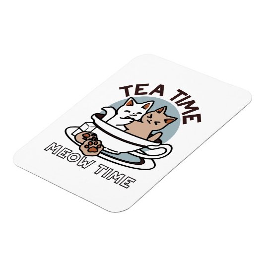 ティータイムニャータイム – かわいい猫とお茶のデザイン マグネット (左側)