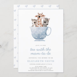 ティータイムパーティーベビーアニマルズブルーボーイベビーシャワー 招待状