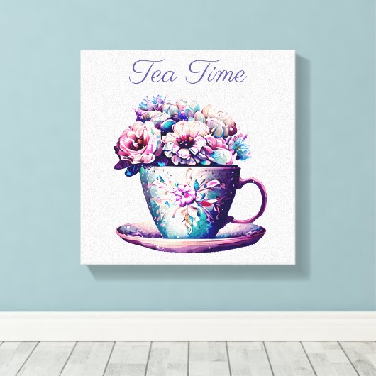 ティータイム |かわいらしヴィンテージ一杯の花 キャンバスプリント (インサイチュ (ウッドフロア))