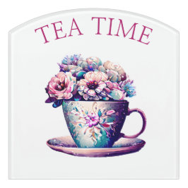 ティータイム |かわいらしヴィンテージ一杯の花 ドアサイン