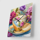 ティータイム – ティーカップアート スクエア壁時計 (傾斜)