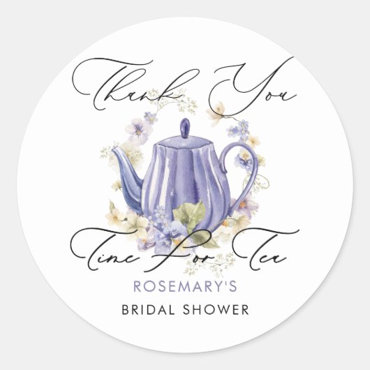 ティータイム パープル ティーポット ブライダルシャワー ラウンドシール (正面)
