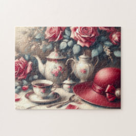 ティータイム ピンクのバラとティーカップ ジグソーパズル