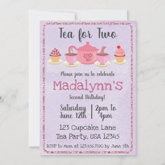 ティーツーセカンド誕生日パープル招待状 招待状 (正面)