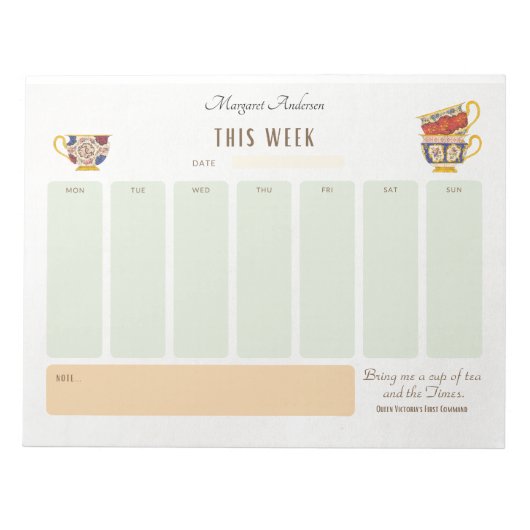 ティードリンカーパーソナライズされたビクトリアンスタイルプランナー ノートパッド (正面)