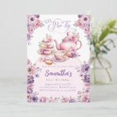 ティーパーティーお誕生日ガールピンクパープルフラワーパーティ 招待状 (スタンド正面)