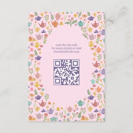 ティーパーティーのような楽しい結婚前のお祝い　かわいい　カスタムＱＲコード エンクロージャーカード (正面)