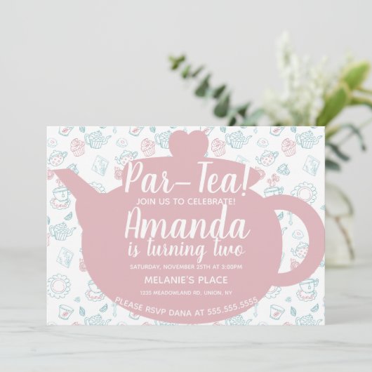 ティーパーティーの遊び心あふれるドゥードル 招待状 (スタンド正面)