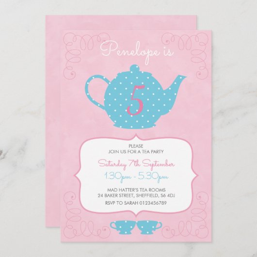 ティーパーティーをテーマにした誕生日パーティーの招待状 招待状 (正面/裏面)