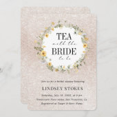 ティーパーティーイエローワイルドフラワーズグリッターブライダルシャワー 招待状 (正面/裏面)