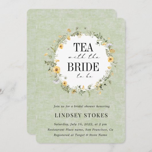 ティーパーティーイエローワイルドフラワーズセージブライダルシャワー 招待状 (正面/裏面)