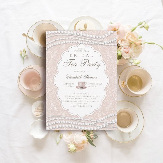 ティーパーティーエレガントレースパールスピーチブライダルシャワー 招待状