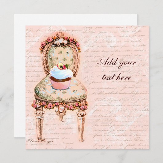 ティーパーティーカップケーキビクトリアンデザイン招待状 招待状 (正面/裏面)