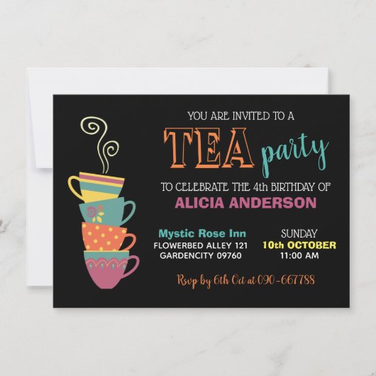 ティーパーティーガールズ誕生日ホットカップカラフル 招待状 (正面)