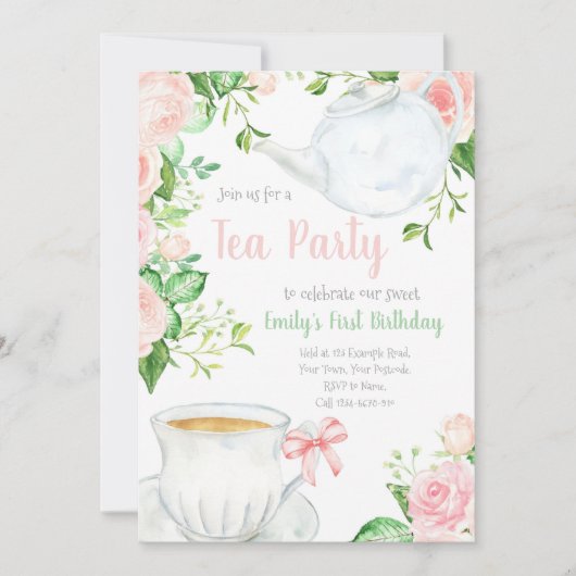 ティーパーティーガールズ誕生日招待状ティーポット 招待状 (正面)